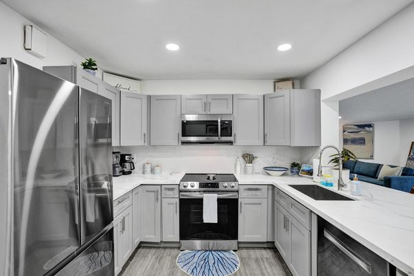 Interior, Kitchen, Recessed Lighting, Stainless Steel Appliances, Wood Texture Flooring