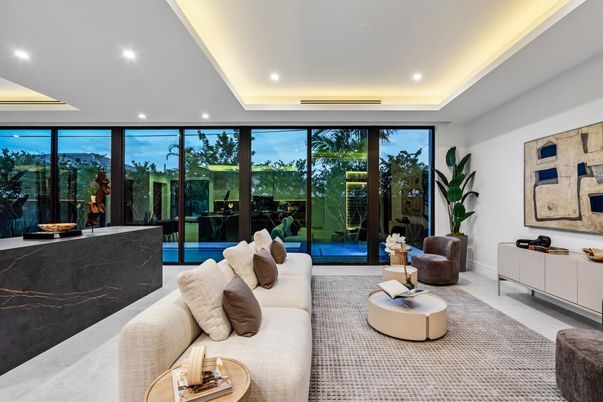 Interior, Living room, Marble Walls, Recessed Lighting