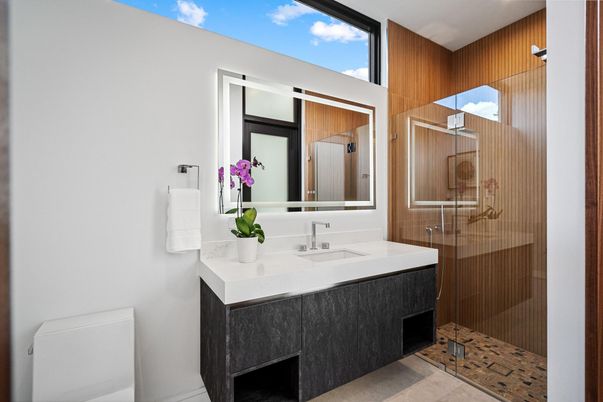 Bathroom, Glass Shower, Interior, Recessed Lighting, Wooden Walls