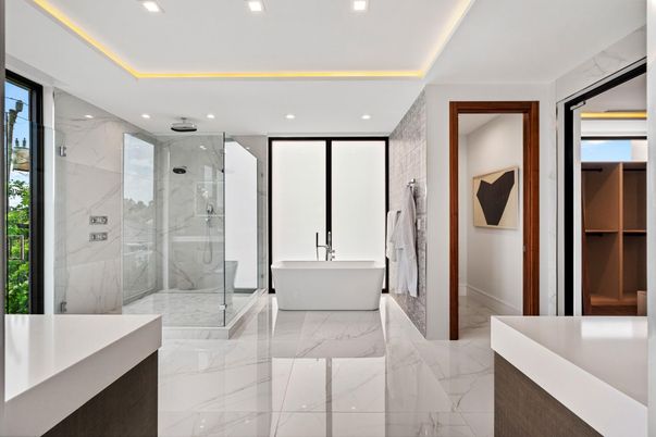 Bathroom, Free Standing Baths, Glass Shower, Interior, Marble, Marble Walls, Recessed Lighting