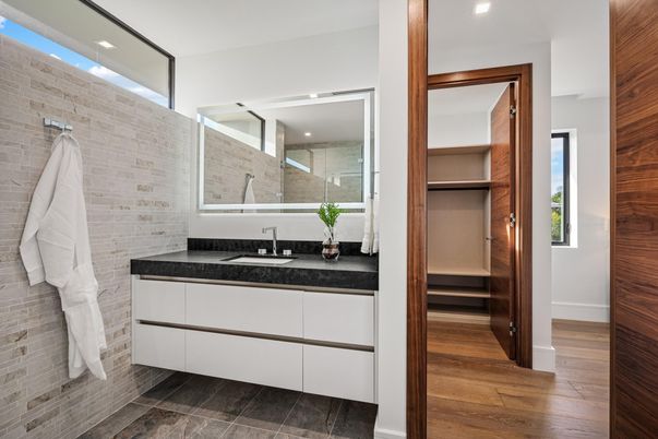 Bathroom, Interior, Recessed Lighting, Stone Walls, Wood Texture Flooring