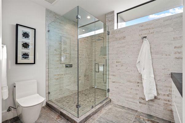 Bathroom, Glass Shower, Interior, Recessed Lighting, Stone Walls