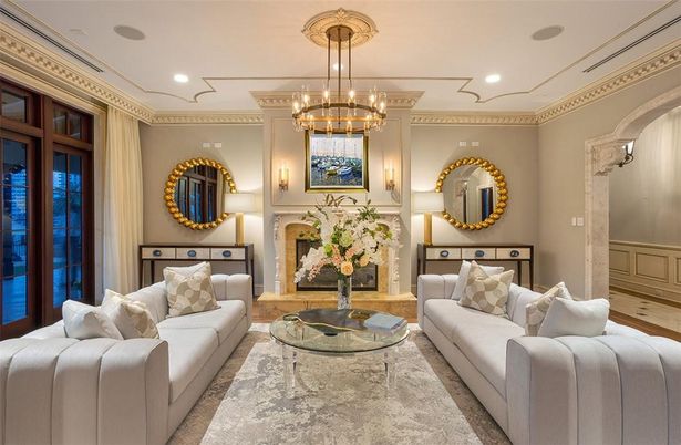 Chandelier, Fireplace, Interior, Living room, Recessed Lighting, Wood Texture Flooring
