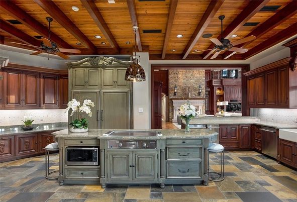 Interior, Kitchen, Recessed Lighting, Stainless Steel Appliances, Stone Walls, Wooden Beams, Wooden Ceilings