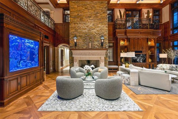 Fireplace, Interior, Living room, Stone Walls, Wood Texture Flooring, Wooden Walls