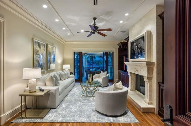Fireplace, Interior, Living room, Recessed Lighting, Wood Texture Flooring
