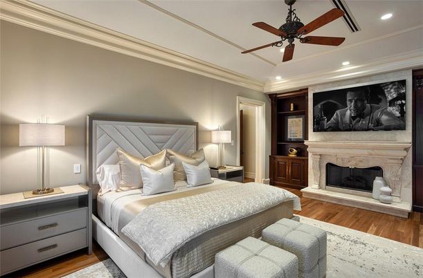 Bedroom, Fireplace, Interior, Recessed Lighting, Wood Texture Flooring