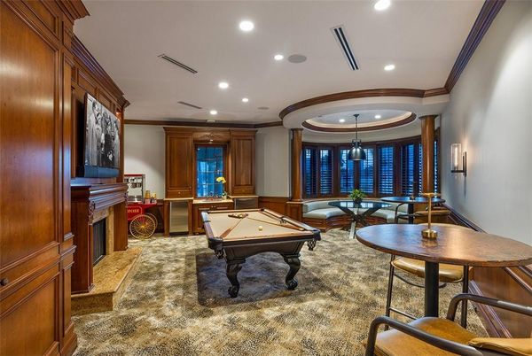 Billiard Table, Dining room, Fireplace, Game Room, Interior, Pendant Lights, Recessed Lighting, Wooden Walls