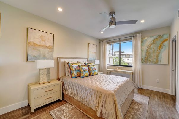 Bedroom, Interior, Recessed Lighting, Wood Texture Flooring
