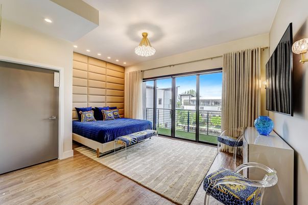 Bedroom, Chandelier, Interior, Recessed Lighting, Wood Texture Flooring