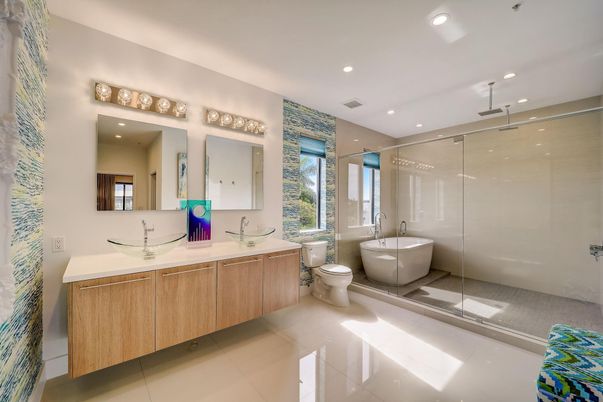Bathroom, Dual Sink Vanities, Glass Shower, Interior, Recessed Lighting