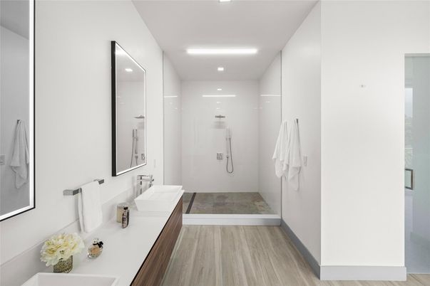 Bathroom, Dual Sink Vanities, Interior, Recessed Lighting, Wood Texture Flooring