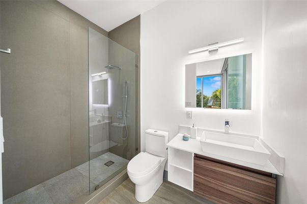Bathroom, Glass Shower, Interior, Wood Texture Flooring