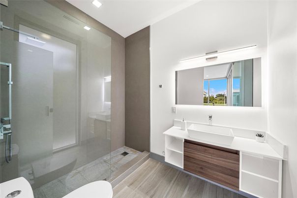Bathroom, Glass Shower, Interior, Recessed Lighting, Wood Texture Flooring