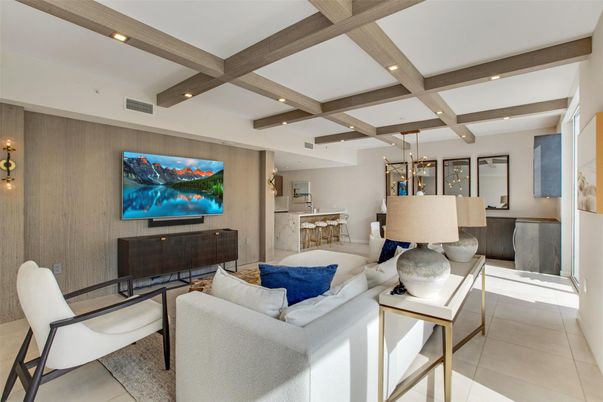 Interior, Living room, Pendant Lights, Recessed Lighting, Wooden Beams