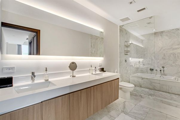 Bathroom, Dual Sink Vanities, Glass Shower, Interior, Marble, Marble Walls
