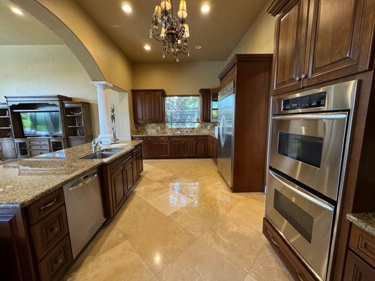 Chandelier, Interior, Kitchen, Recessed Lighting, Stainless Steel Appliances