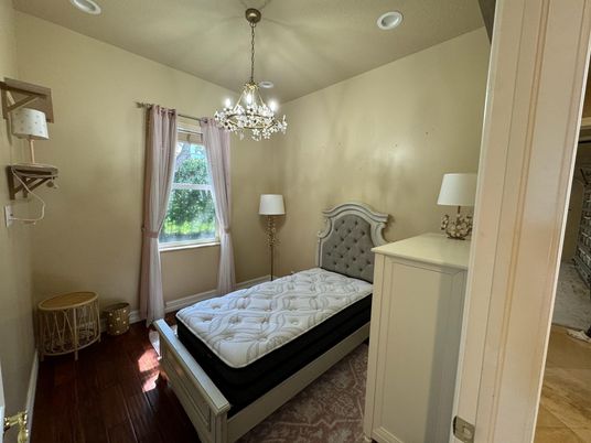 Bedroom, Chandelier, Interior, Recessed Lighting, Wood Texture Flooring