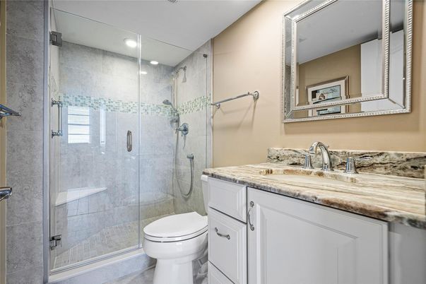 Bathroom, Glass Shower, Interior, Recessed Lighting
