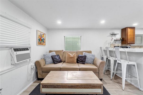 Dining room, Interior, Living room, Recessed Lighting, Wood Texture Flooring