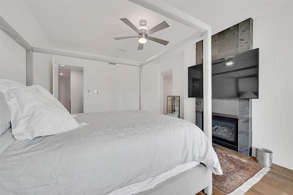 Bedroom, Fireplace, Interior, Wood Texture Flooring