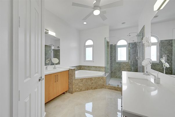 Bathroom, Dual Sink Vanities, Glass Shower, Interior, Recessed Lighting