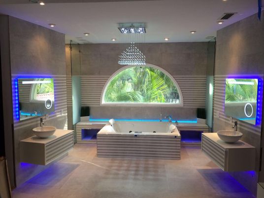 Bathroom, Dual Sink Vanities, Interior, Pendant Lights, Recessed Lighting