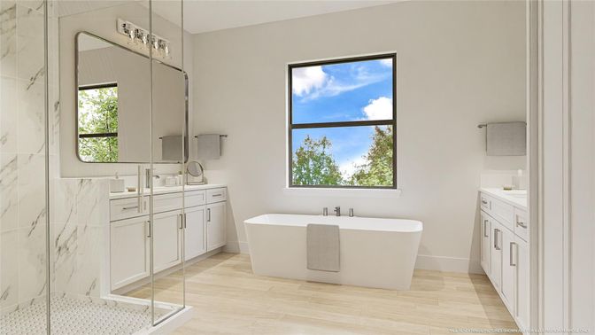 Bathroom, Dual Sink Vanities, Free Standing Baths, Glass Shower, Interior, Marble Walls, Wood Texture Flooring