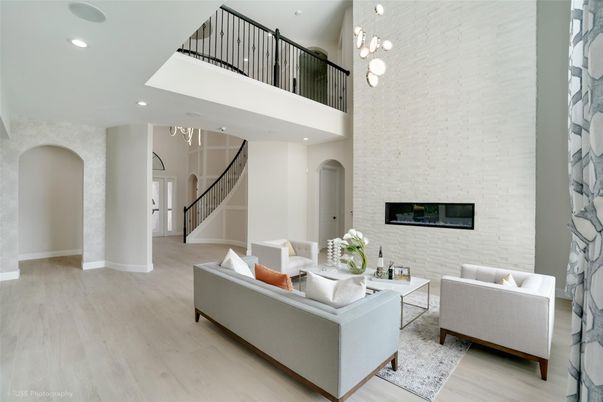 Fireplace, Interior, Living room, Pendant Lights, Recessed Lighting, Stone Walls, Wood Texture Flooring
