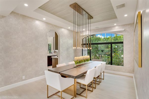 Dining room, Interior, Pendant Lights, Recessed Lighting, Wood Texture Flooring