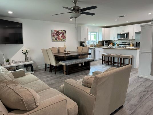 Dining room, Interior, Kitchen, Living room, Recessed Lighting, Stainless Steel Appliances, Wood Texture Flooring