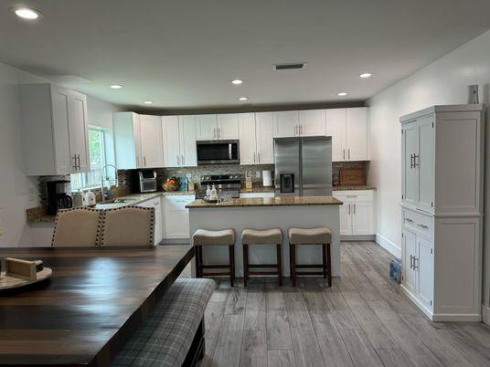 Interior, Kitchen, Recessed Lighting, Stainless Steel Appliances, Wood Texture Flooring