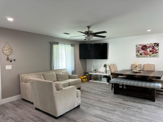 Dining room, Interior, Living room, Recessed Lighting, Wood Texture Flooring