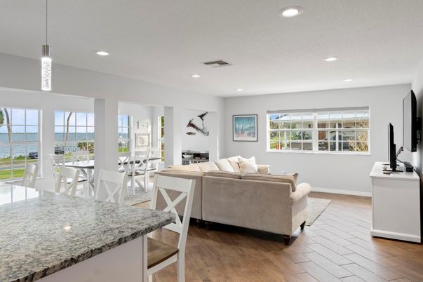 Dining room, Interior, Living room, Pendant Lights, Recessed Lighting, Water, Wood Texture Flooring