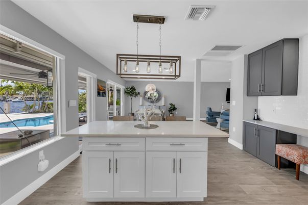 Interior, Kitchen, Pendant Lights, Water, Wood Texture Flooring