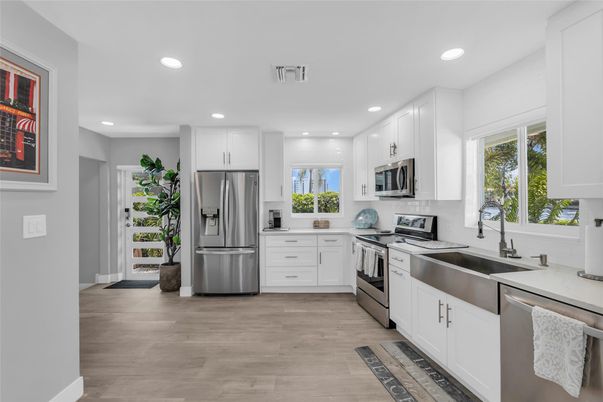 Interior, Kitchen, Recessed Lighting, Stainless Steel Appliances, Wood Texture Flooring
