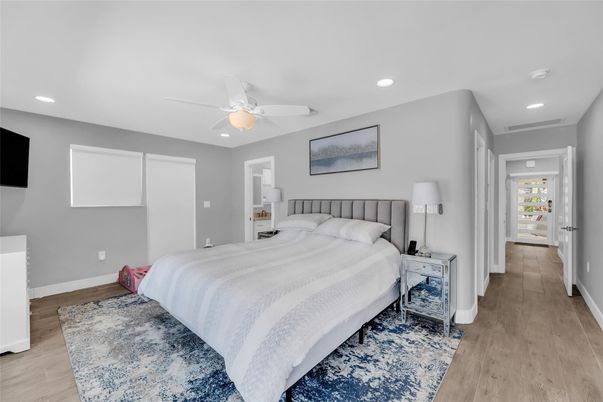 Bedroom, Interior, Recessed Lighting, Wood Texture Flooring