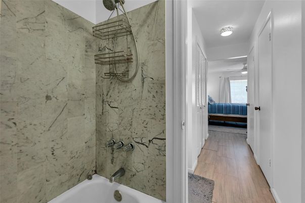 Bathroom, Interior, Marble Walls, Wood Texture Flooring