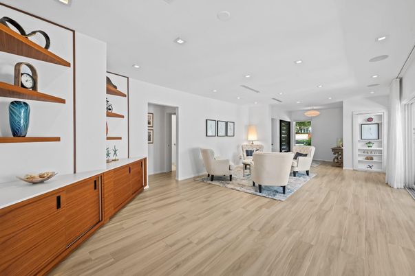Dining room, Interior, Living room, Recessed Lighting, Wood Texture Flooring