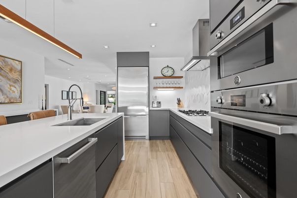 Interior, Kitchen, Recessed Lighting, Stainless Steel Appliances, Wood Texture Flooring
