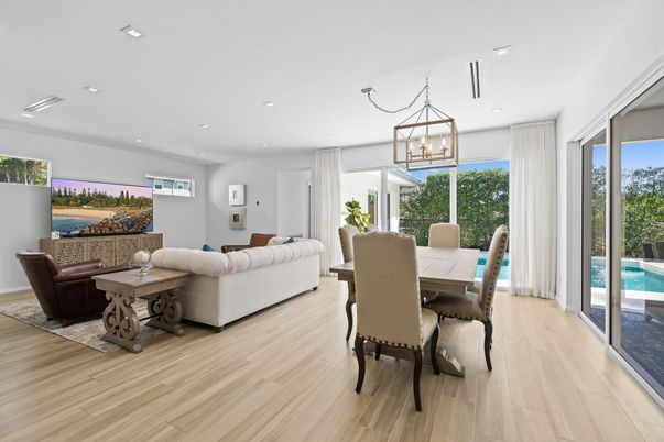 Dining room, Interior, Living room, Pendant Lights, Recessed Lighting, Wood Texture Flooring