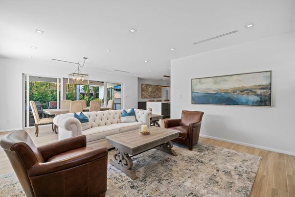 Dining room, Interior, Living room, Pendant Lights, Recessed Lighting, Wood Texture Flooring
