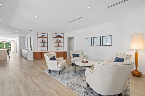 Interior, Living room, Pendant Lights, Recessed Lighting, Wood Texture Flooring