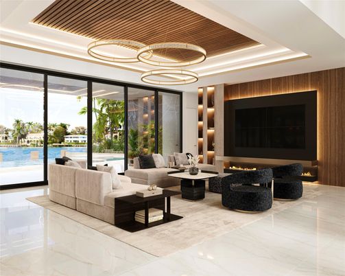 Fireplace, Interior, Living room, Marble, Pendant Lights, Water, Wooden Walls