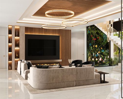 Fireplace, Interior, Living room, Marble, Pendant Lights