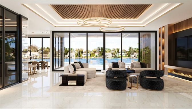 Fireplace, Interior, Living room, Marble, Pendant Lights, Water