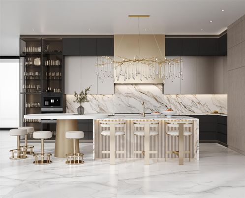 Interior, Kitchen, Marble, Marble Walls, Pendant Lights, Recessed Lighting