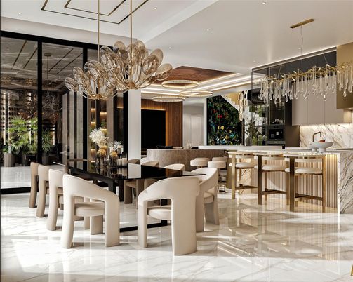 Chandelier, Dining room, Interior, Marble, Marble Walls, Pendant Lights, Recessed Lighting