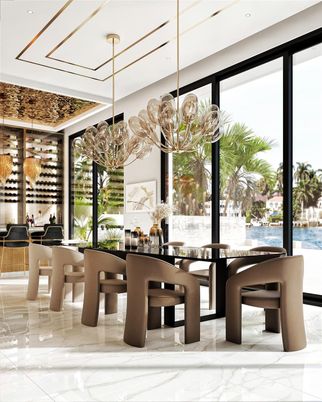 Dining room, Interior, Marble, Pendant Lights, Water
