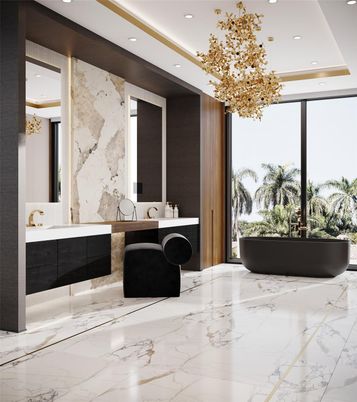 Bathroom, Chandelier, Free Standing Baths, Interior, Marble, Marble Walls, Pendant Lights, Recessed Lighting